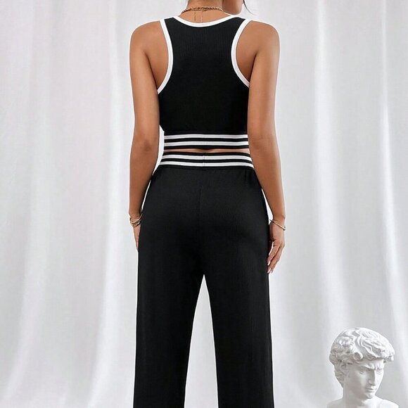Black Casual Women's Contrast Binding Crop Tank Top & Pants - Picture 2 of 6